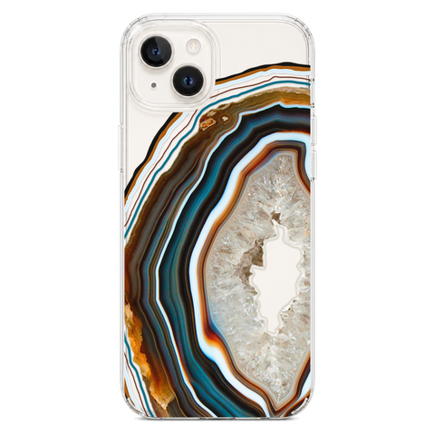 Warm Geode Clear Phone Case shown on iPhone 14 Plus