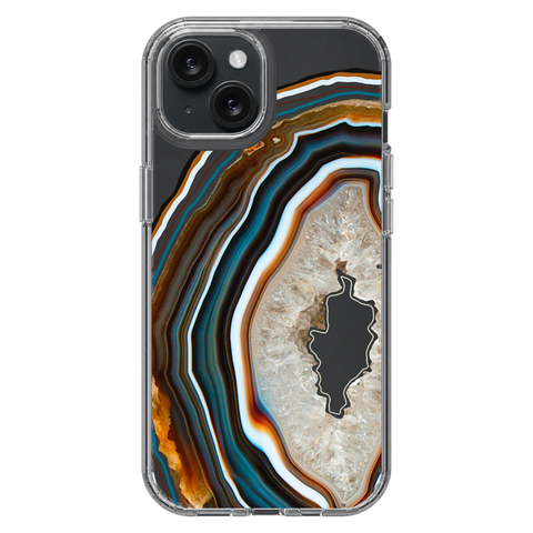 Warm Geode Clear Phone Case shown on iPhone 15