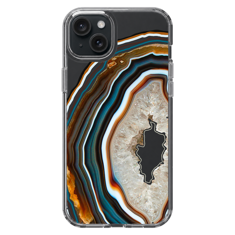 Warm Geode Clear Phone Case shown on iPhone 15 Plus