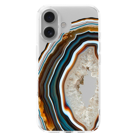 Warm Geode Clear Phone Case shown on iPhone 16