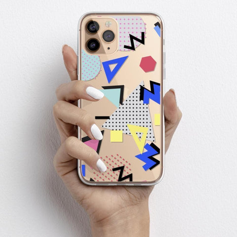 Clear phone case with a retro 90s Memphis design Feat
