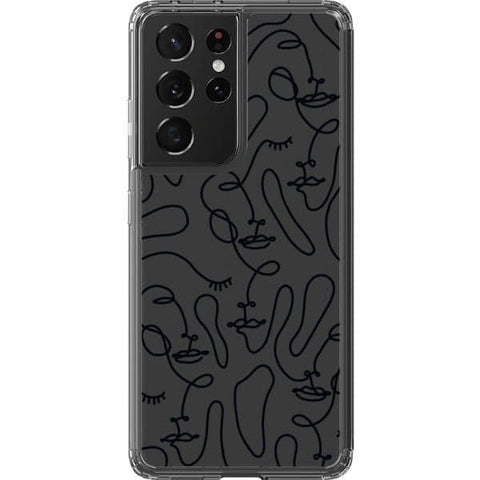 Galaxy S21 Ultra Black Abstract Line Art Faces Clear Phone Cases - The Urban Flair