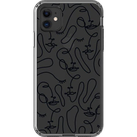 iPhone 11 Black Abstract Line Art Faces Clear Phone Cases - The Urban Flair