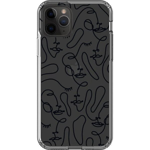 iPhone 11 Pro Black Abstract Line Art Faces Clear Phone Cases - The Urban Flair