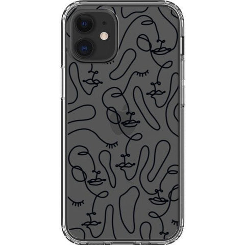 iPhone 12 Mini Black Abstract Line Art Faces Clear Phone Cases - The Urban Flair
