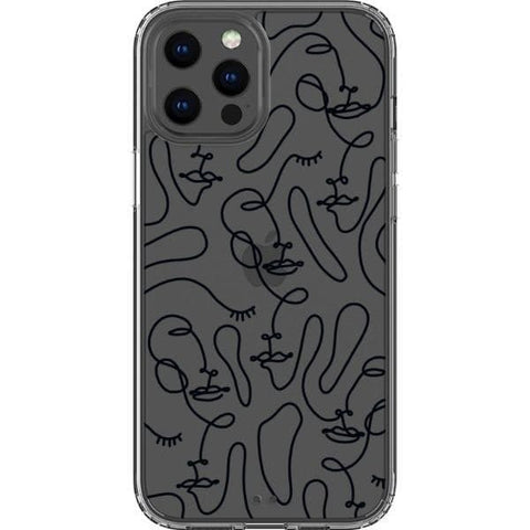iPhone 13 Pro Max Black Abstract Line Art Faces Clear Phone Cases - The Urban Flair