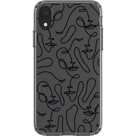 iPhone XR Black Abstract Line Art Faces Clear Phone Cases - The Urban Flair