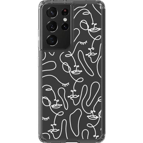 Galaxy S21 Ultra White Abstract Line Art Faces Clear Phone Cases - The Urban Flair
