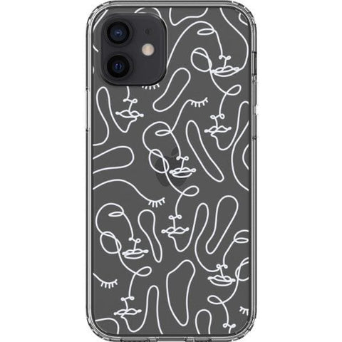 iPhone 12 White Abstract Line Art Faces Clear Phone Cases - The Urban Flair
