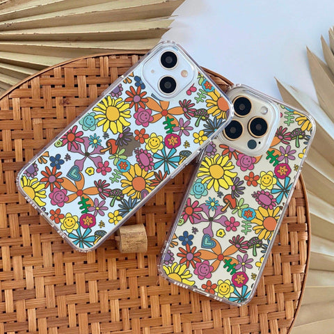 Colorful Retro Flowers Phone Case For iPhone 13 Pro Max 12 Mini 11 XR XS 7 8 Plus SE 2020 Clear Cover With Trendy Aesthetic 70s Design Feat
