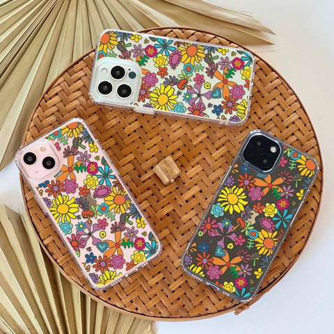 Colorful Retro Flowers Phone Case For iPhone 13 Pro Max 12 Mini 11 XR XS 7 8 Plus SE 2020 Clear Cover With Trendy Aesthetic 70s Design Feat