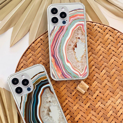 Agate Slice Print Phone Cases For New White Silver iPhone 14 Pro & 14 Pro Max Clear Cases With Aesthetic Geode Feat