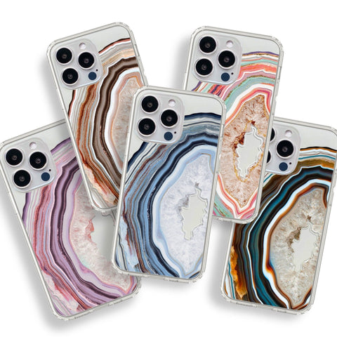 Agate Slice Print Phone Cases For New White Silver iPhone 14 Pro & 14 Pro Max Clear Cases With Aesthetic Geode Feat