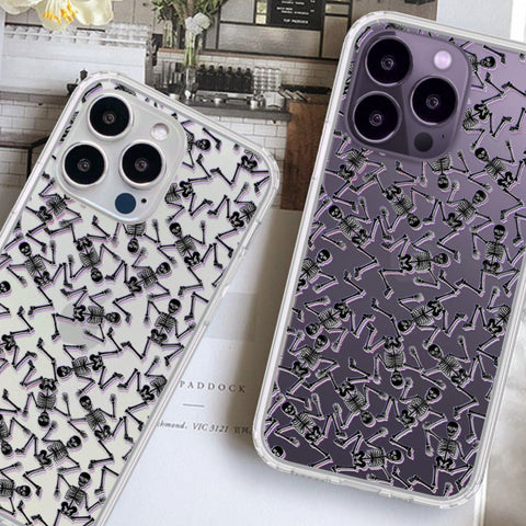 Black Purple Glitch Skeletons Clear Phone Case For iPhone 14 Pro Max 13 Mini 12 XR 7 8 Plus SE 2022 With Aesthetic Halloween Design Feat