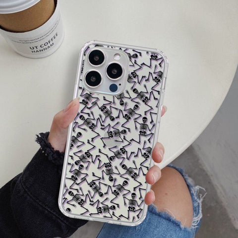 Black Purple Glitch Skeletons Clear Phone Case For iPhone 14 Pro Max 13 Mini 12 XR 7 8 Plus SE 2022 With Aesthetic Halloween Design Feat