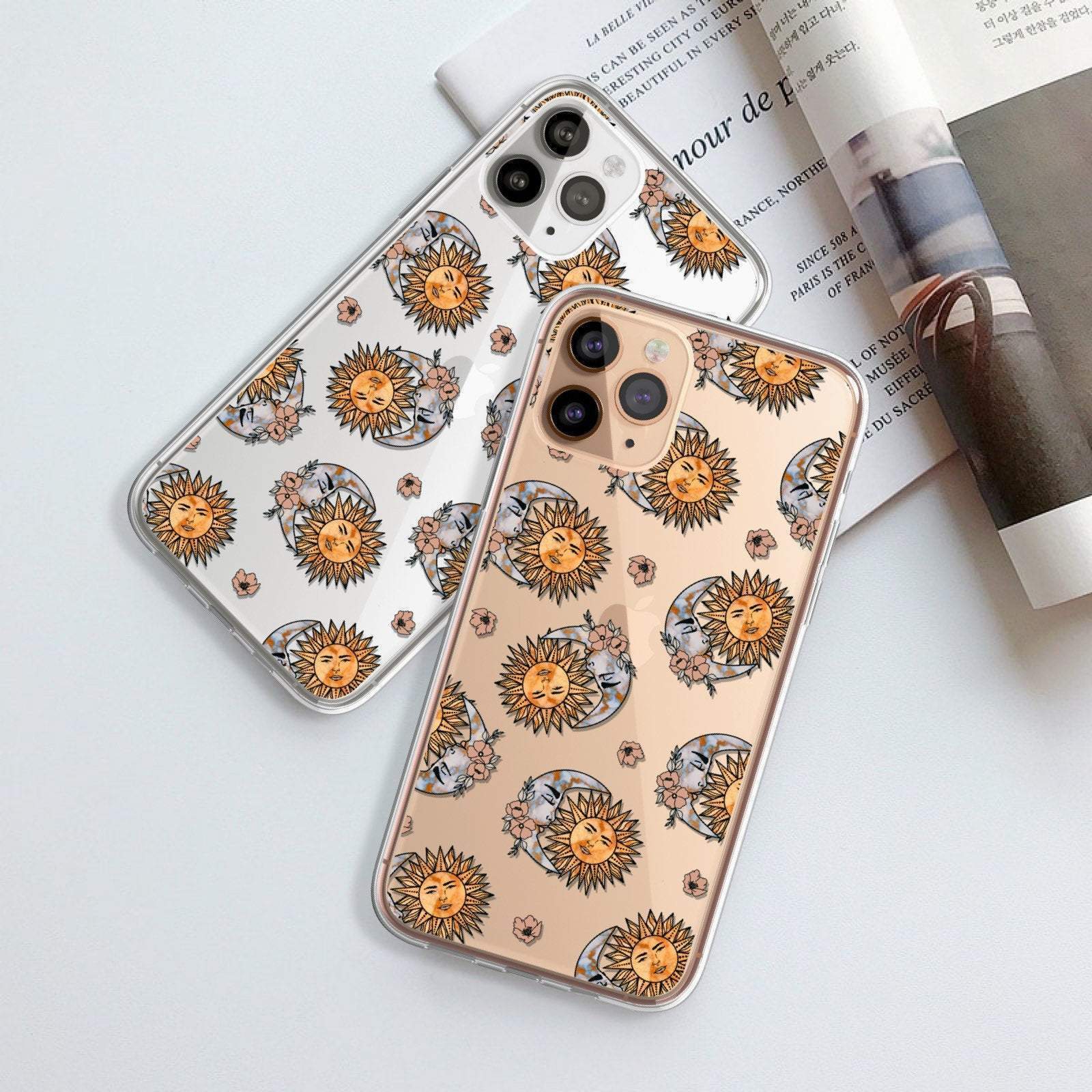 Boho Opal Sun Moon Clear Phone Case for Apple iPhone 15 (& more