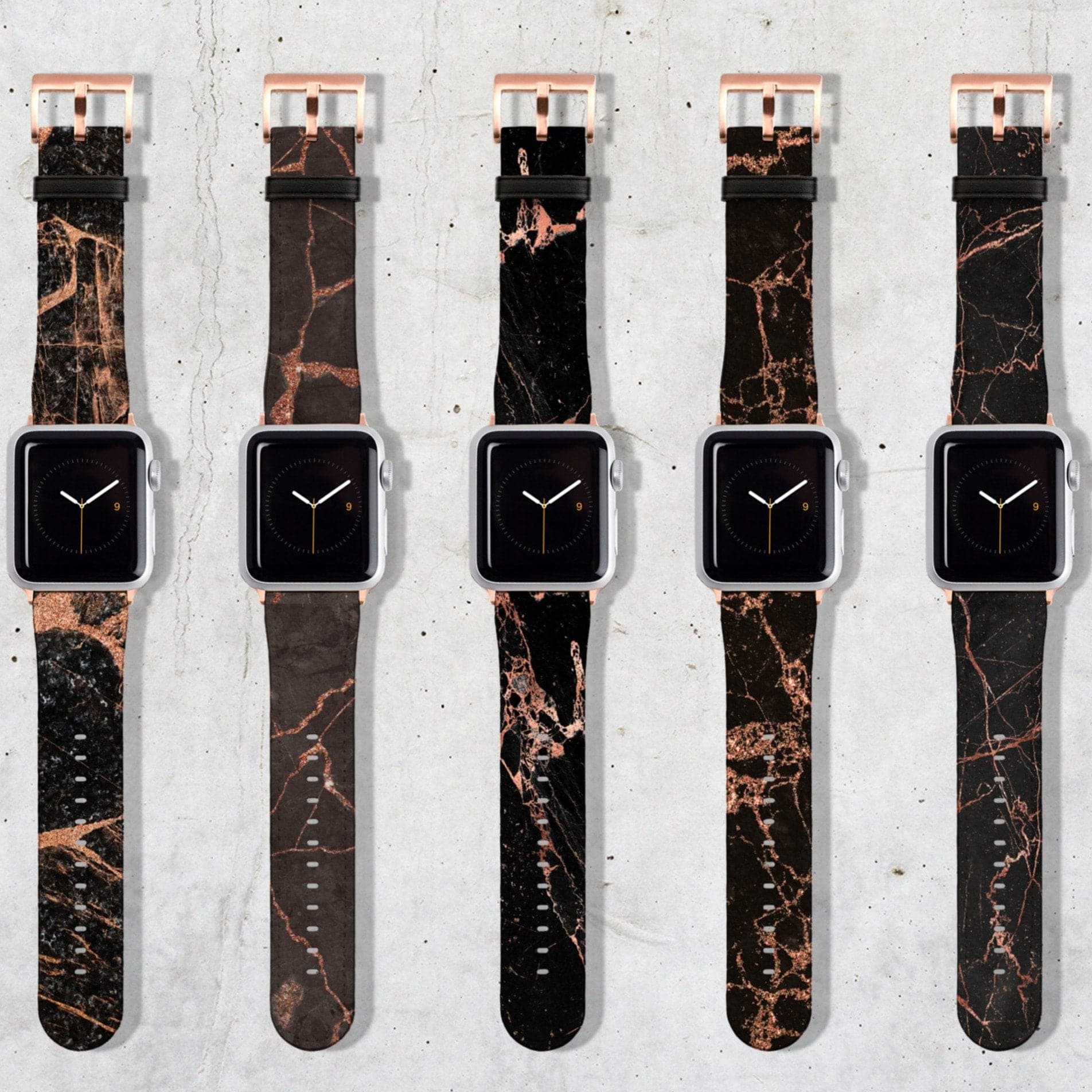 Charcoal Black Rose Gold Marble Apple Watch Bands by The Urban Flair