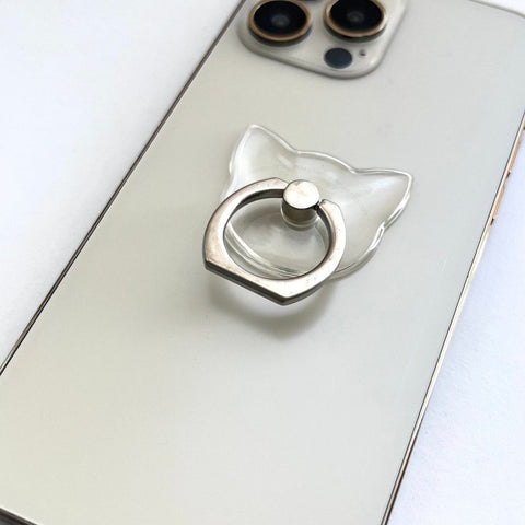 Plain Clear Cat Shape Ring Grip Holder For iPhone or Galaxy 360 Phone Stand With Silver Ring Feat