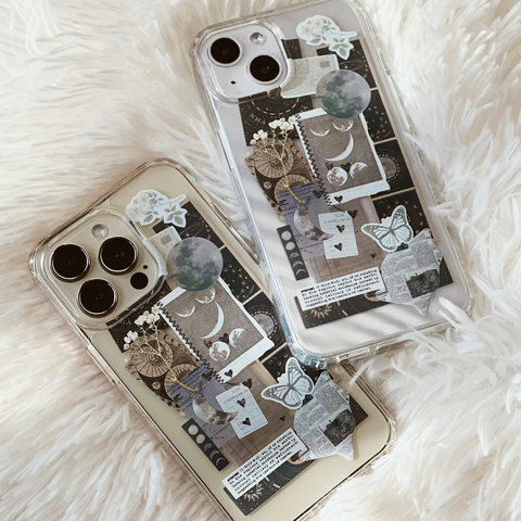 Clear phone cases with collaged art pieces Feat