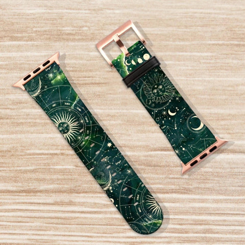Green Zodiac Abalone Shell Print Apple Watch Band For Women Vegan Leather Mystic Witch iWatch Straps 38mm 40mm 42mm 44mm Series 2, 3, 4, 5 Feat