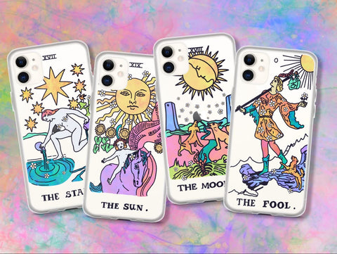 Trippy Psychedelic Aesthetic Tarot Card Clear Phone Case For iPhone 13 12 11 Pro Max 7 8 Plus SE 2020 XR The Urban Flair Star Moon Sun Fool