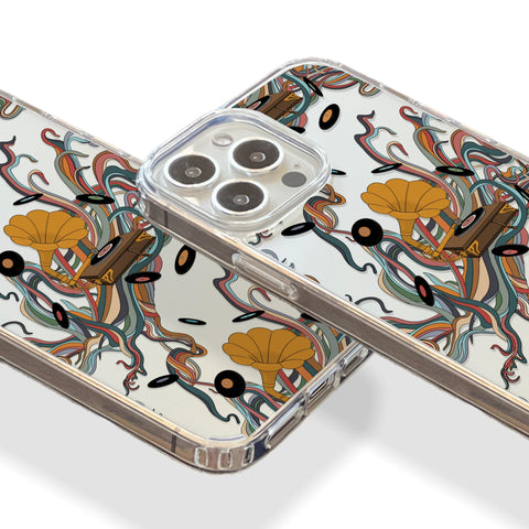 Art Nouveau Vinyl Record Player Phone Case For iPhone 13 12 Mini XR 7 8 Clear Cover With Turntable Gramophone Design Galaxy S22 Feat