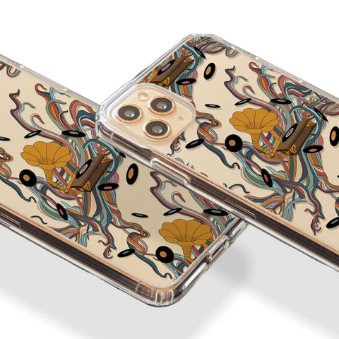 Art Nouveau Vinyl Record Player Phone Case For iPhone 13 12 Mini XR 7 8 Clear Cover With Turntable Gramophone Design Galaxy S22 Feat