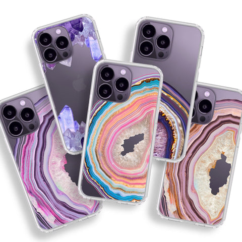 Geode Agate Slice Print Phone Cases For New Deep Purple iPhone 14 Pro and 14 Pro Max Clear Cases With Aesthetic Designs By The Urban Flair Feat
