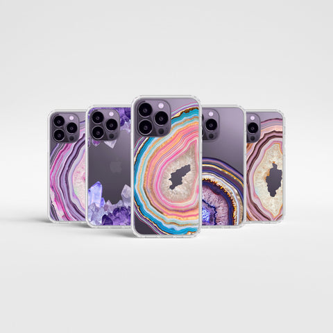 Geode Agate Slice Print Phone Cases For New Deep Purple iPhone 14 Pro and 14 Pro Max Clear Cases With Aesthetic Designs By The Urban Flair Feat