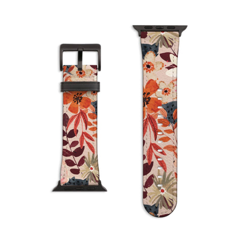 Fall Flowers Apple Watch Band For Women Faux Vegan Leather Cute iWatch Straps 38mm 41mm 40mm 42mm 44mm Series 6 7 SE 6 SE