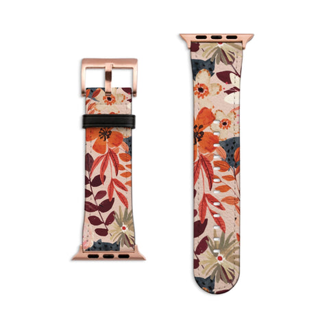 Fall Flowers Apple Watch Band For Women Faux Vegan Leather Cute iWatch Straps 38mm 41mm 40mm 42mm 44mm Series 6 7 SE 6 SE