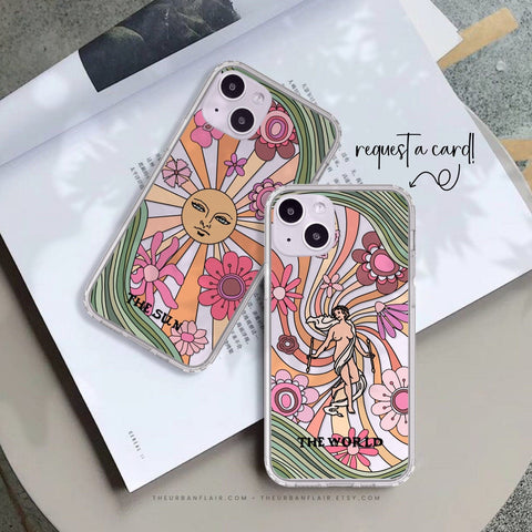 Two clear phone cases featuring aesthetic retro Tarot card designs 