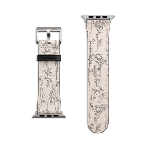Botanical Line Art Apple Watch Band For Series 3 4 5 6 7 8 9 SE Vegan Leather Watch Straps With Simple, Elegant Design- On Sale!