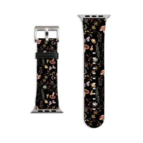 Botanical Nature Forest Apple Watch Band - Vegan Leather Strap With Mushroom Butterfly Leaf Design- On Sale!