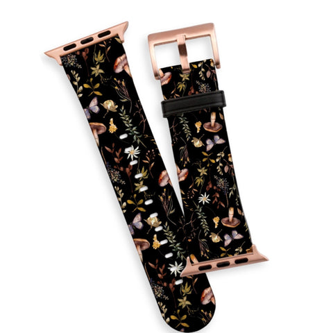 Botanical Nature Forest Apple Watch Band - Vegan Leather Strap With Mushroom Butterfly Leaf Design- On Sale! (Feat)