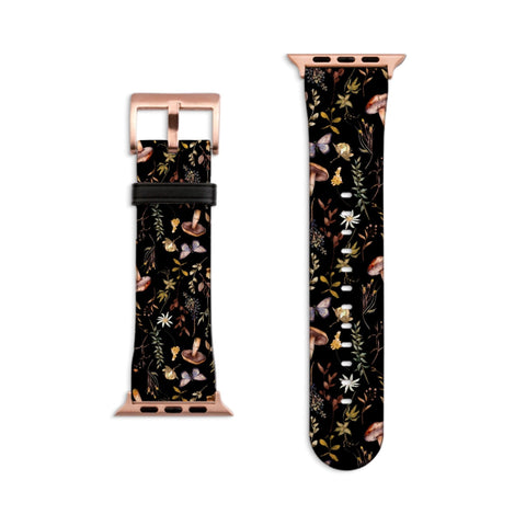 Botanical Nature Forest Apple Watch Band - Vegan Leather Strap With Mushroom Butterfly Leaf Design- On Sale!