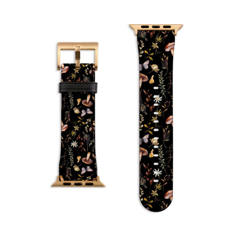 Botanical Nature Forest Apple Watch Band - Vegan Leather Strap With Mushroom Butterfly Leaf Design- On Sale!