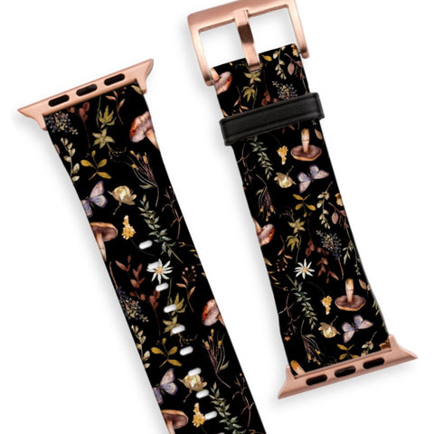Botanical Nature Forest Apple Watch Band - Vegan Leather Strap With Mushroom Butterfly Leaf Design- On Sale! (Feat)