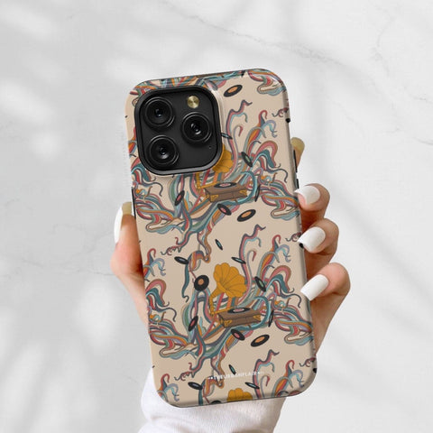 Art Nouveau Vinyl Record Player Tough Phone Case For iPhone 15 14 13 Series (Mini, Plus, Pro Max) Cover Turntable Gramophone Design - On Sale! (Feat)