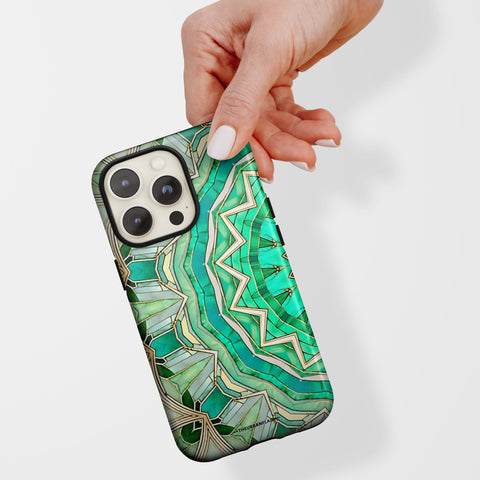 Green Boho Mandala Tough Phone Case For iPhone 15 14 13 Series (Mini, Plus, Pro Max) Aesthetic - On Sale! (Feat)