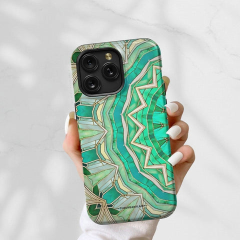 Green Boho Mandala Tough Phone Case For iPhone 15 14 13 Series (Mini, Plus, Pro Max) Aesthetic - On Sale! (Feat)