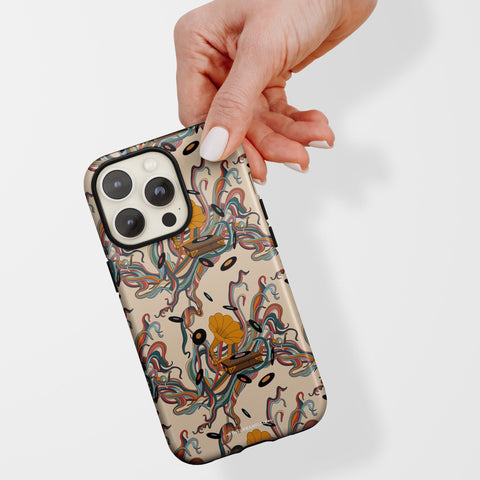 Art Nouveau Vinyl Record Player Tough Phone Case For iPhone 15 14 13 Series (Mini, Plus, Pro Max) Cover Turntable Gramophone Design - On Sale! (Feat)