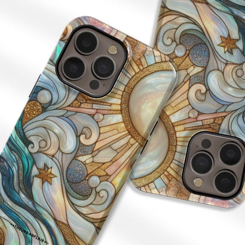 Waves & Sun Rays Stained Glass Illusion Print Tough Phone Case | Cover For iPhone 15 14 13 Mini Plus Pro Max- On Sale! (Feat)