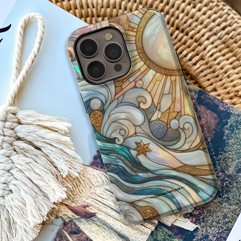 Waves & Sun Rays Stained Glass Illusion Print Tough Phone Case | Cover For iPhone 15 14 13 Mini Plus Pro Max- On Sale! (Feat)