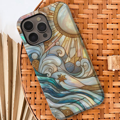 Waves & Sun Rays Stained Glass Illusion Print Tough Phone Case | Cover For iPhone 15 14 13 Mini Plus Pro Max- On Sale! (Feat)