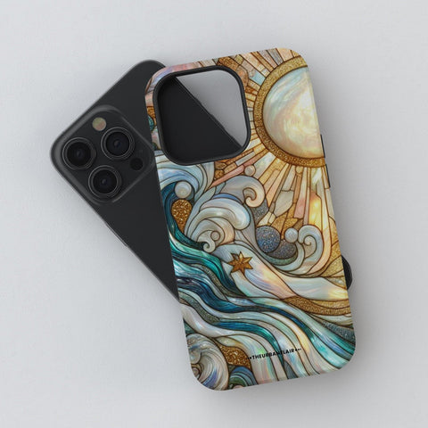 Waves & Sun Rays Stained Glass Illusion Print Tough Phone Case | Cover For iPhone 15 14 13 Mini Plus Pro Max- On Sale! (Feat)