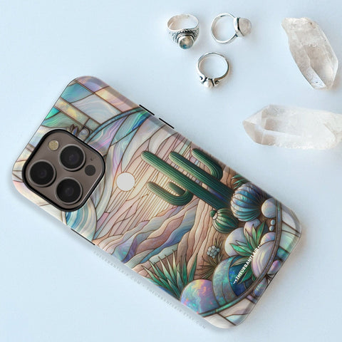 Desert Cactus Stained Glass Illusion Print Tough Phone Case For iPhone 15 14 13 (Mini, Plus, Pro Max) - On Sale! (Feat)