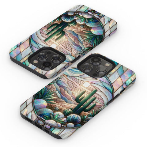 Desert Cactus Stained Glass Illusion Print Tough Phone Case For iPhone 15 14 13 (Mini, Plus, Pro Max) - On Sale! (Feat)