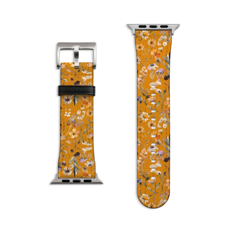 Aesthetic Golden Wildflowers Apple Watch Band - Vegan Leather Strap With Cute Floral Design - 38mm 40mm 42mm 44mm All Series 9