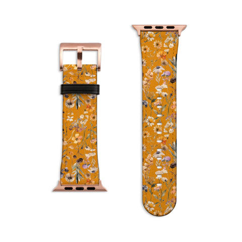 Aesthetic Golden Wildflowers Apple Watch Band - Vegan Leather Strap With Cute Floral Design - 38mm 40mm 42mm 44mm All Series 9
